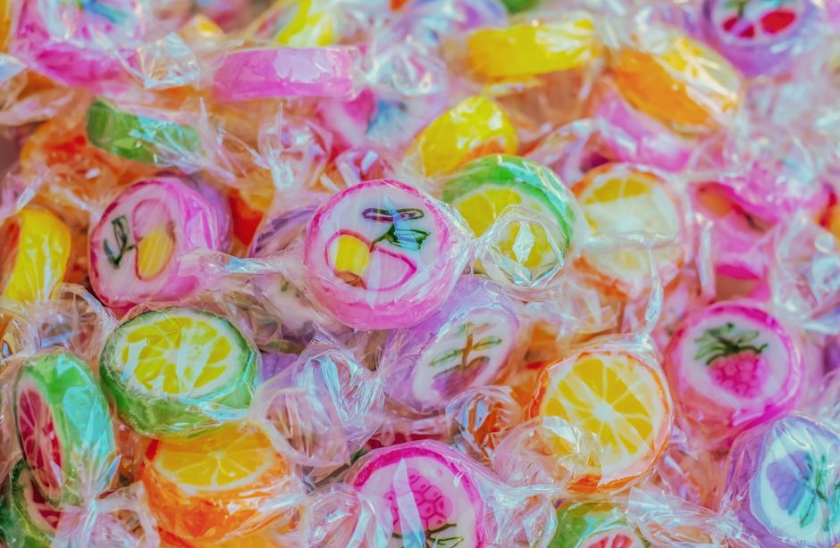 Close-up of colorful wrapped candies.